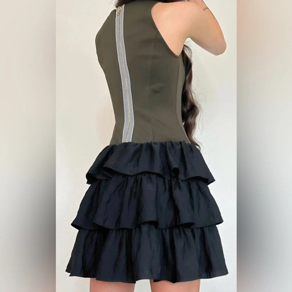 NWT RACHEL Rachel Roy Dark Green Black with Glitter Dress Tiered Ruffles - Picture 2 of 10